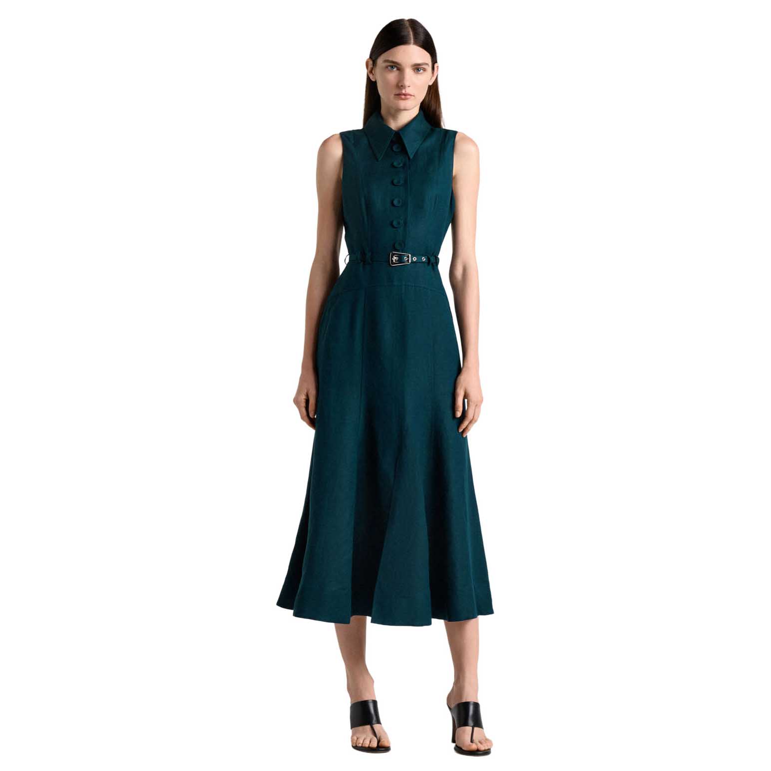 Cue Pine Linen Blend Sleeveless Shirt Midi Dress